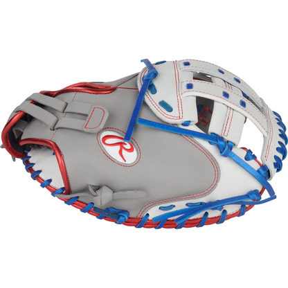 The Rawlings Liberty Advanced 33" Fastpitch Catcher's Mitt (RLACM33FP-24GW) features a gray design with red stitching, blue lacing, and a red thumb logo—ideal for fastpitch softball players wanting both style and performance.