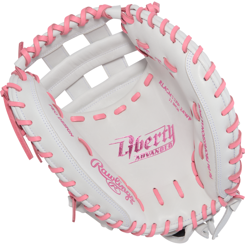 The Rawlings Liberty Advanced 33" Fastpitch Catcher's Mitt (RLACM33FP-24WP) is white with pink laces, pink stitching, and "Liberty Advanced" printed in pink inside the palm.