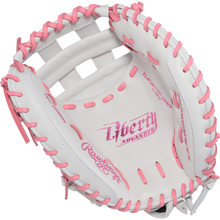 The Rawlings Liberty Advanced 33" Fastpitch Catcher's Mitt (RLACM33FP-24WP) is white with pink laces, pink stitching, and "Liberty Advanced" printed in pink inside the palm.