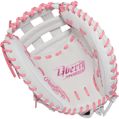The Rawlings Liberty Advanced 33" Fastpitch Catcher's Mitt (RLACM33FP-24WP) is white with pink laces, pink stitching, and "Liberty Advanced" printed in pink inside the palm.