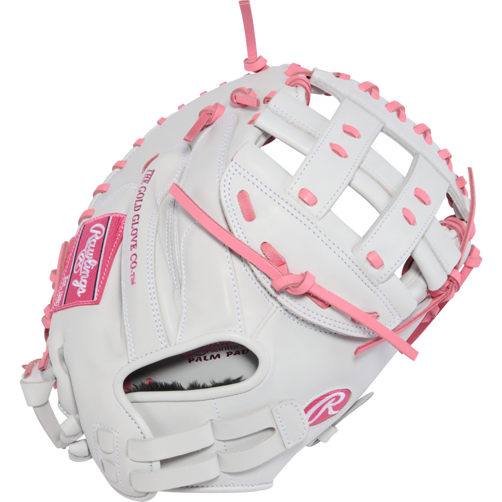 The Rawlings Liberty Advanced 33" Fastpitch Catcher's Mitt (RLACM33FP-24WP) features a white design with pink laces and pink Rawlings logos, an open web, and is displayed on a plain white background.