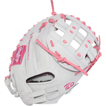 The Rawlings Liberty Advanced 33" Fastpitch Catcher's Mitt (RLACM33FP-24WP) features a white design with pink laces and pink Rawlings logos, an open web, and is displayed on a plain white background.