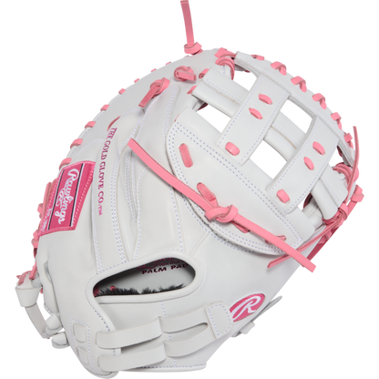 The Rawlings Liberty Advanced 33" Fastpitch Catcher's Mitt (RLACM33FP-24WP) features a white design with pink laces and pink Rawlings logos, an open web, and is displayed on a plain white background.