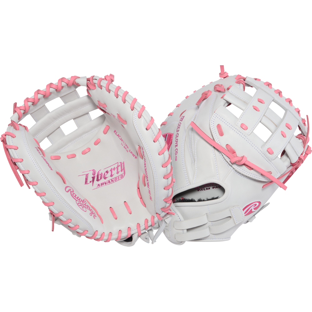 Two white Rawlings Liberty Advanced 33" Fastpitch Catcher's Mitts (RLACM33FP-24WP) with pink lacing are shown—one displays the pocket and branding, while the other highlights the adjustable wrist strap on the back.