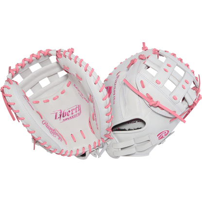 Two white Rawlings Liberty Advanced 33" Fastpitch Catcher's Mitts (RLACM33FP-24WP) with pink lacing are shown—one displays the pocket and branding, while the other highlights the adjustable wrist strap on the back.
