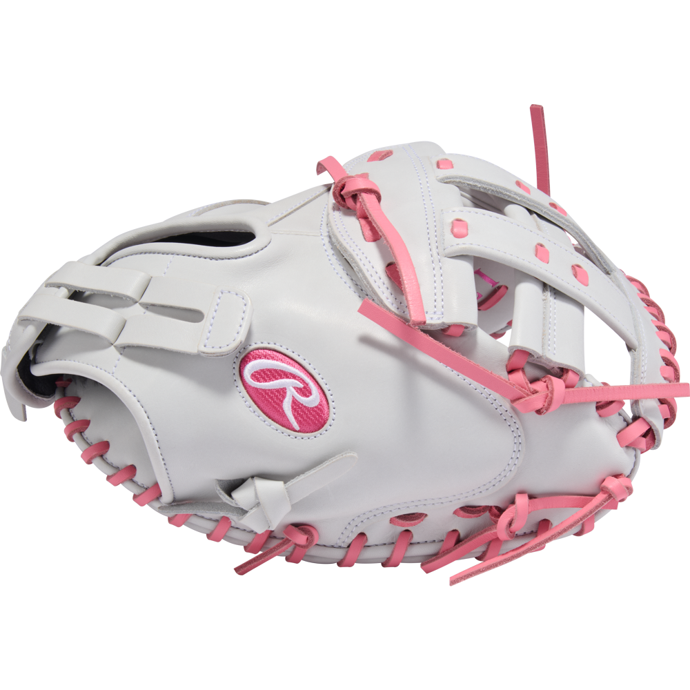 The Rawlings Liberty Advanced 33" Fastpitch Catcher's Mitt (RLACM33FP-24WP) features a white design with pink laces and accents, plus a pink R logo, shown against a plain white background.