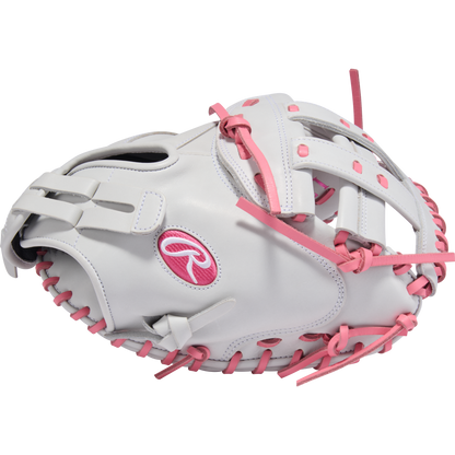 The Rawlings Liberty Advanced 33" Fastpitch Catcher's Mitt (RLACM33FP-24WP) features a white design with pink laces and accents, plus a pink R logo, shown against a plain white background.