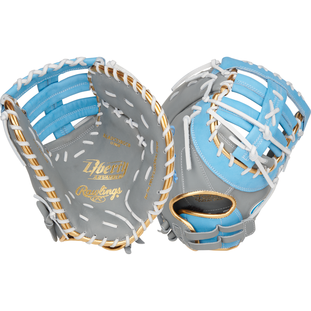 Two gray Rawlings Liberty Advanced Color Sync 13" fastpitch first base mitts (model RLADCTSBGCB) feature light blue and white accents, gold stitching, and gold “Rawlings” and “Liberty Advanced” lettering inside the palm.