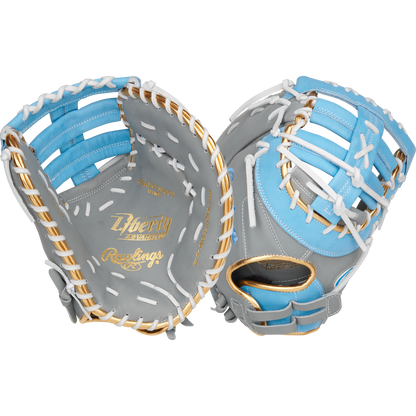 Two gray Rawlings Liberty Advanced Color Sync 13" fastpitch first base mitts (model RLADCTSBGCB) feature light blue and white accents, gold stitching, and gold “Rawlings” and “Liberty Advanced” lettering inside the palm.