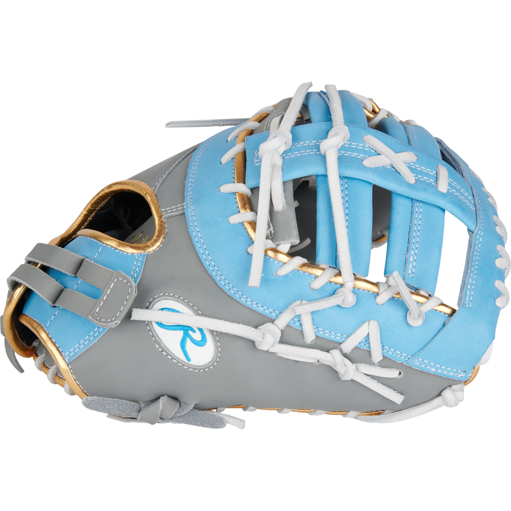 The Rawlings Liberty Advanced Color Sync 13" Fastpitch First Base Mitt (RLADCTSBGCB) features a gray and light blue design with white laces, tan trim, and a stylized R logo—ideal for players wanting a stylish and reliable first base glove.