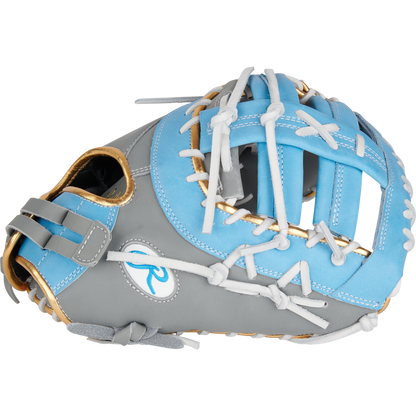The Rawlings Liberty Advanced Color Sync 13" Fastpitch First Base Mitt (RLADCTSBGCB) features a gray and light blue design with white laces, tan trim, and a stylized R logo—ideal for players wanting a stylish and reliable first base glove.