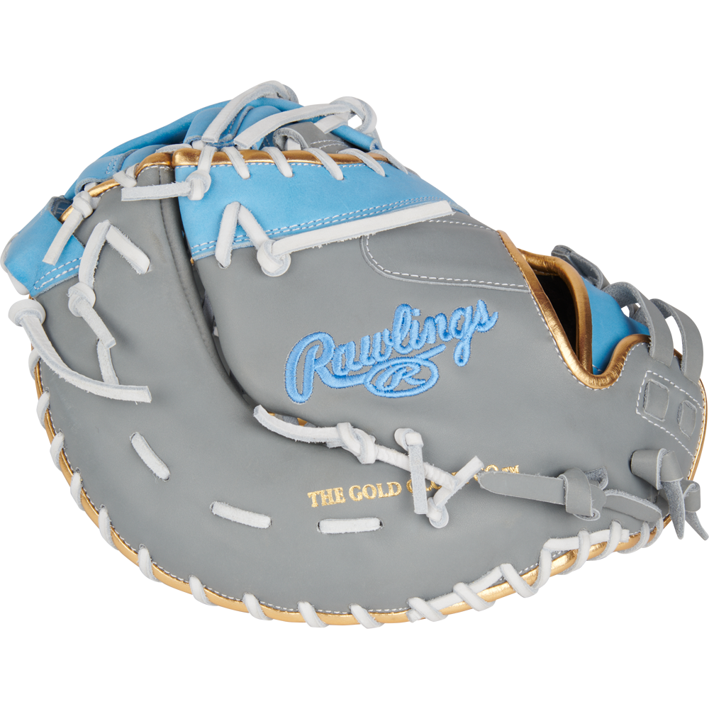 The Rawlings Liberty Advanced Color Sync 13" Fastpitch First Base Mitt (RLADCTSBGCB) features gray, blue, and gold accents plus white laces—ideal for players seeking a stylish and high-performance Rawlings mitt.