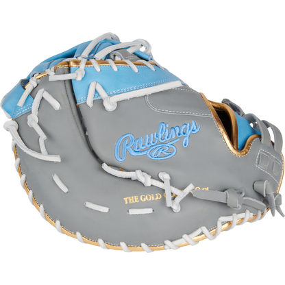 The Rawlings Liberty Advanced Color Sync 13" Fastpitch First Base Mitt (RLADCTSBGCB) features gray, blue, and gold accents plus white laces—ideal for players seeking a stylish and high-performance Rawlings mitt.