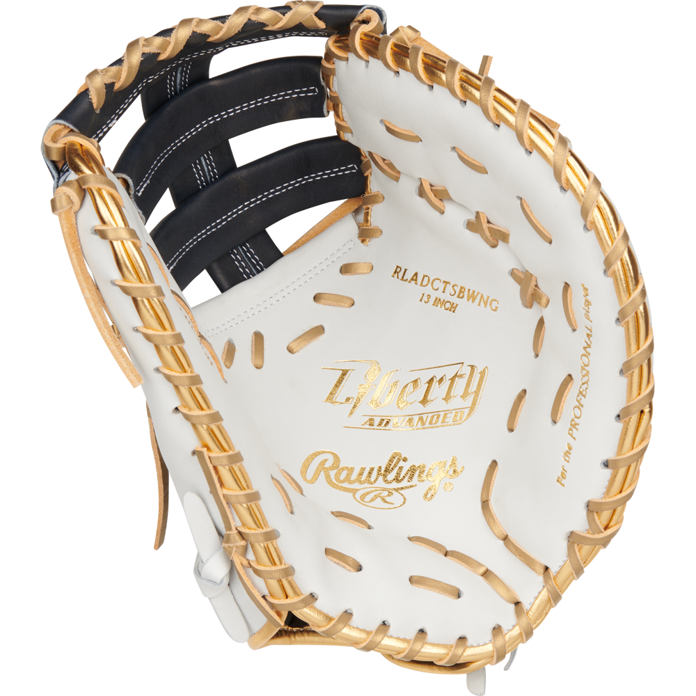 The Rawlings Liberty Advanced Color Sync 13" Fastpitch First Base Mitt (RLADCTSBWNG) features a white and tan design with gold stitching, an open web, the Rawlings logo, and "Liberty Advanced" text on the palm.