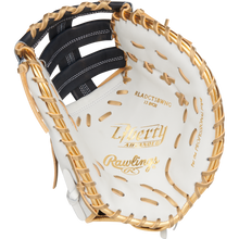 The Rawlings Liberty Advanced Color Sync 13" Fastpitch First Base Mitt (RLADCTSBWNG) features a white and tan design with gold stitching, an open web, the Rawlings logo, and "Liberty Advanced" text on the palm.