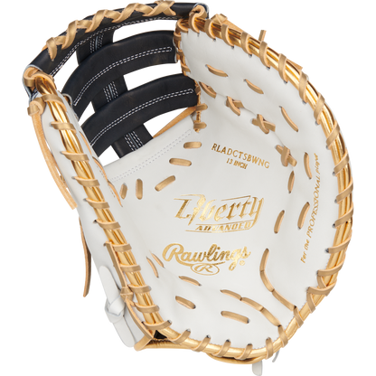 The Rawlings Liberty Advanced Color Sync 13" Fastpitch First Base Mitt (RLADCTSBWNG) features a white and tan design with gold stitching, an open web, the Rawlings logo, and "Liberty Advanced" text on the palm.