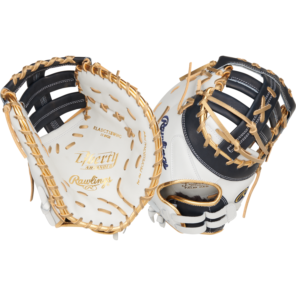 Two Rawlings Liberty Advanced Color Sync 13" Fastpitch First Base Mitts (RLADCTSBWNG) in white with black accents and tan lacing are shown from palm and back views, highlighting the Rawlings branding and detailed craftsmanship.