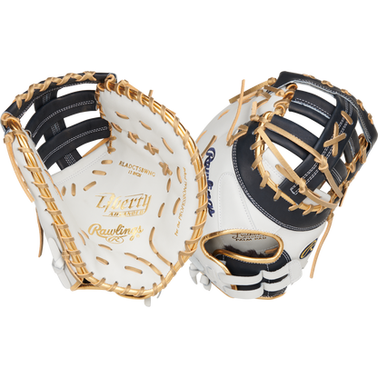 Two Rawlings Liberty Advanced Color Sync 13" Fastpitch First Base Mitts (RLADCTSBWNG) in white with black accents and tan lacing are shown from palm and back views, highlighting the Rawlings branding and detailed craftsmanship.