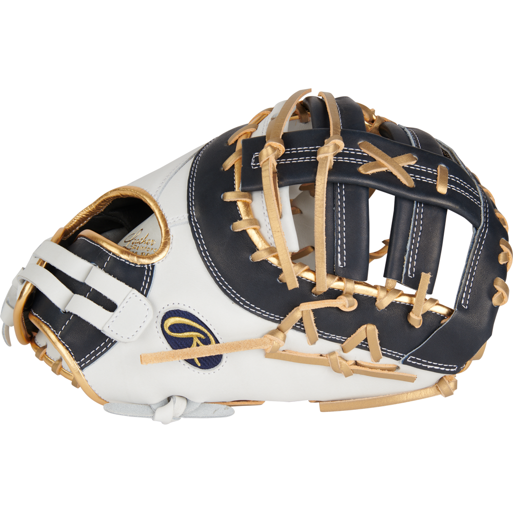 The Rawlings Liberty Advanced Color Sync 13" Fastpitch First Base Mitt (RLADCTSBWNG) features a white, black, and tan design with tan laces, open web, and side logo—perfect for fastpitch first base play.