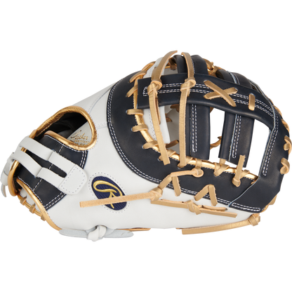 The Rawlings Liberty Advanced Color Sync 13" Fastpitch First Base Mitt (RLADCTSBWNG) features a white, black, and tan design with tan laces, open web, and side logo—perfect for fastpitch first base play.