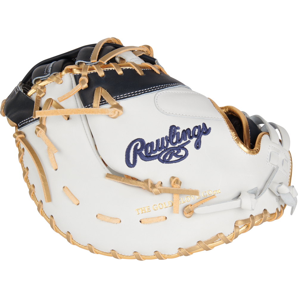 The Rawlings Liberty Advanced Color Sync 13" Fastpitch First Base Mitt (RLADCTSBWNG) showcases a white, navy, and gold design with blue Rawlings embroidery, gold The Gold Glove Co. stamp, tan laces, and detailed stitching for premium performance.