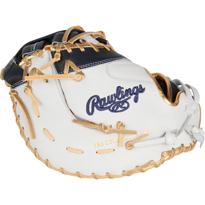 The Rawlings Liberty Advanced Color Sync 13" Fastpitch First Base Mitt (RLADCTSBWNG) showcases a white, navy, and gold design with blue Rawlings embroidery, gold The Gold Glove Co. stamp, tan laces, and detailed stitching for premium performance.