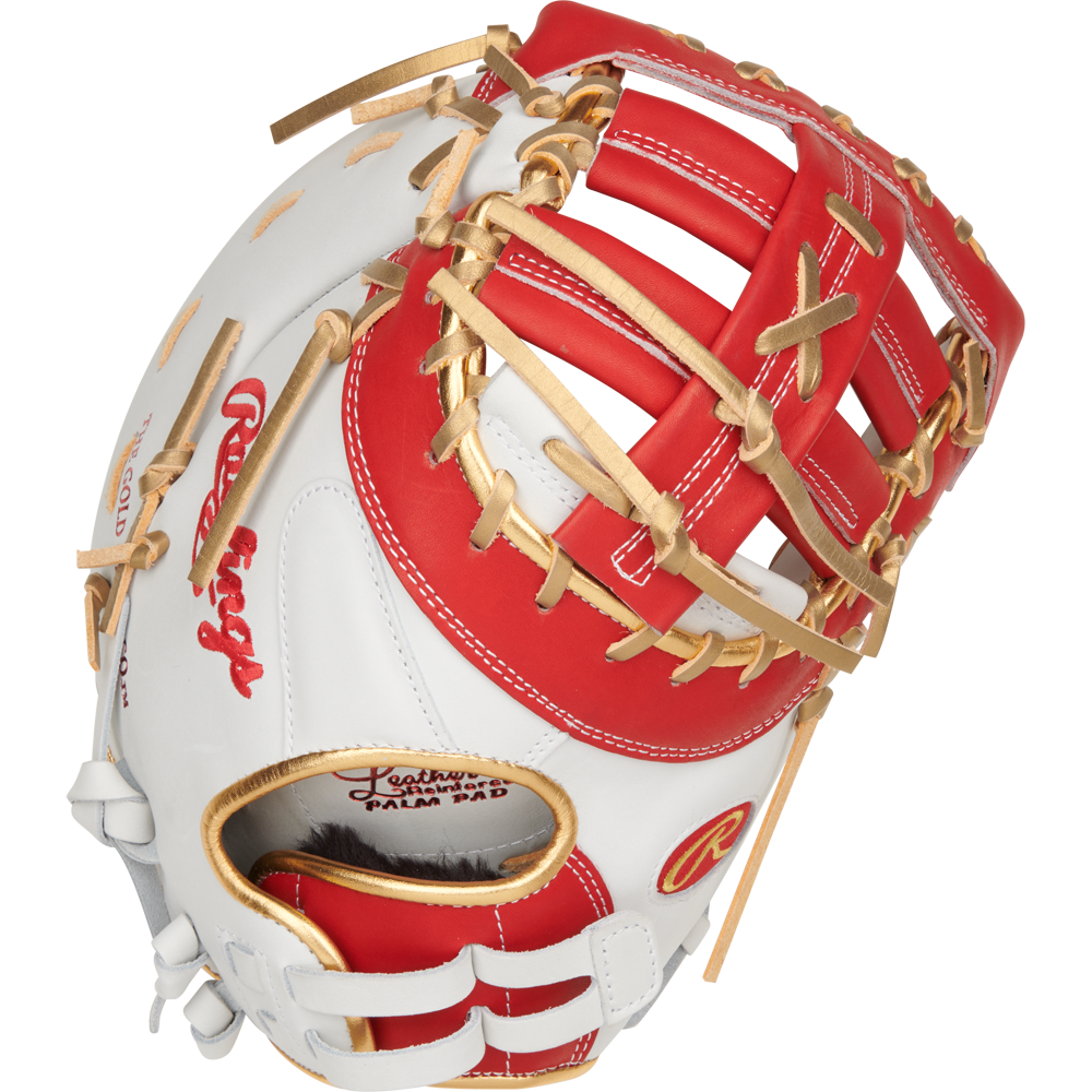 The Rawlings Liberty Advanced Color Sync 13" Fastpitch First Base Mitt (RLADCTSBWSG) is a white and red glove with tan laces, featuring an open web and prominent Rawlings branding—ideal for fastpitch first basemen.