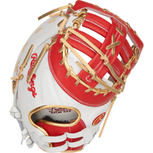 The Rawlings Liberty Advanced Color Sync 13" Fastpitch First Base Mitt (RLADCTSBWSG) is a white and red glove with tan laces, featuring an open web and prominent Rawlings branding—ideal for fastpitch first basemen.