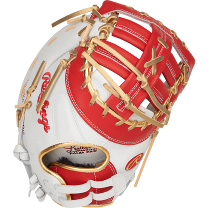 The Rawlings Liberty Advanced Color Sync 13" Fastpitch First Base Mitt (RLADCTSBWSG) is a white and red glove with tan laces, featuring an open web and prominent Rawlings branding—ideal for fastpitch first basemen.