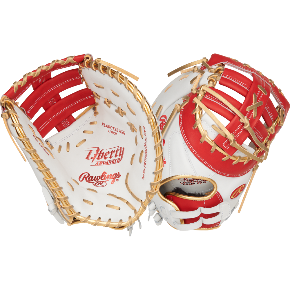 Two Rawlings Liberty Advanced Color Sync 13" Fastpitch First Base Mitts (RLADCTSBWSG) are pictured—one showing the palm, the other the back—to showcase webbing and logo details perfect for fastpitch first base use.
