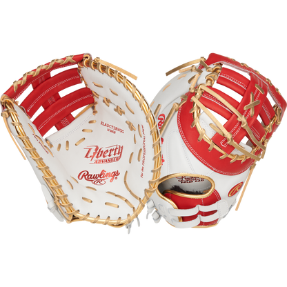 Two Rawlings Liberty Advanced Color Sync 13" Fastpitch First Base Mitts (RLADCTSBWSG) are pictured—one showing the palm, the other the back—to showcase webbing and logo details perfect for fastpitch first base use.