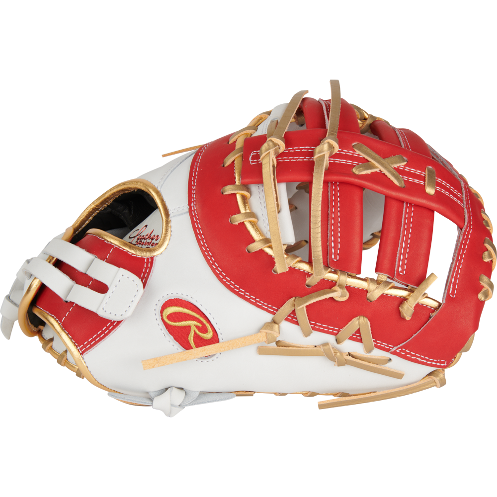 The Rawlings Liberty Advanced Color Sync 13" Fastpitch First Base Mitt (RLADCTSBWSG) features a red and white design with tan laces, an open web, and the Rawlings logo—ideal for fastpitch first basemen.