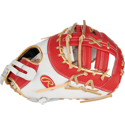 The Rawlings Liberty Advanced Color Sync 13" Fastpitch First Base Mitt (RLADCTSBWSG) features a red and white design with tan laces, an open web, and the Rawlings logo—ideal for fastpitch first basemen.