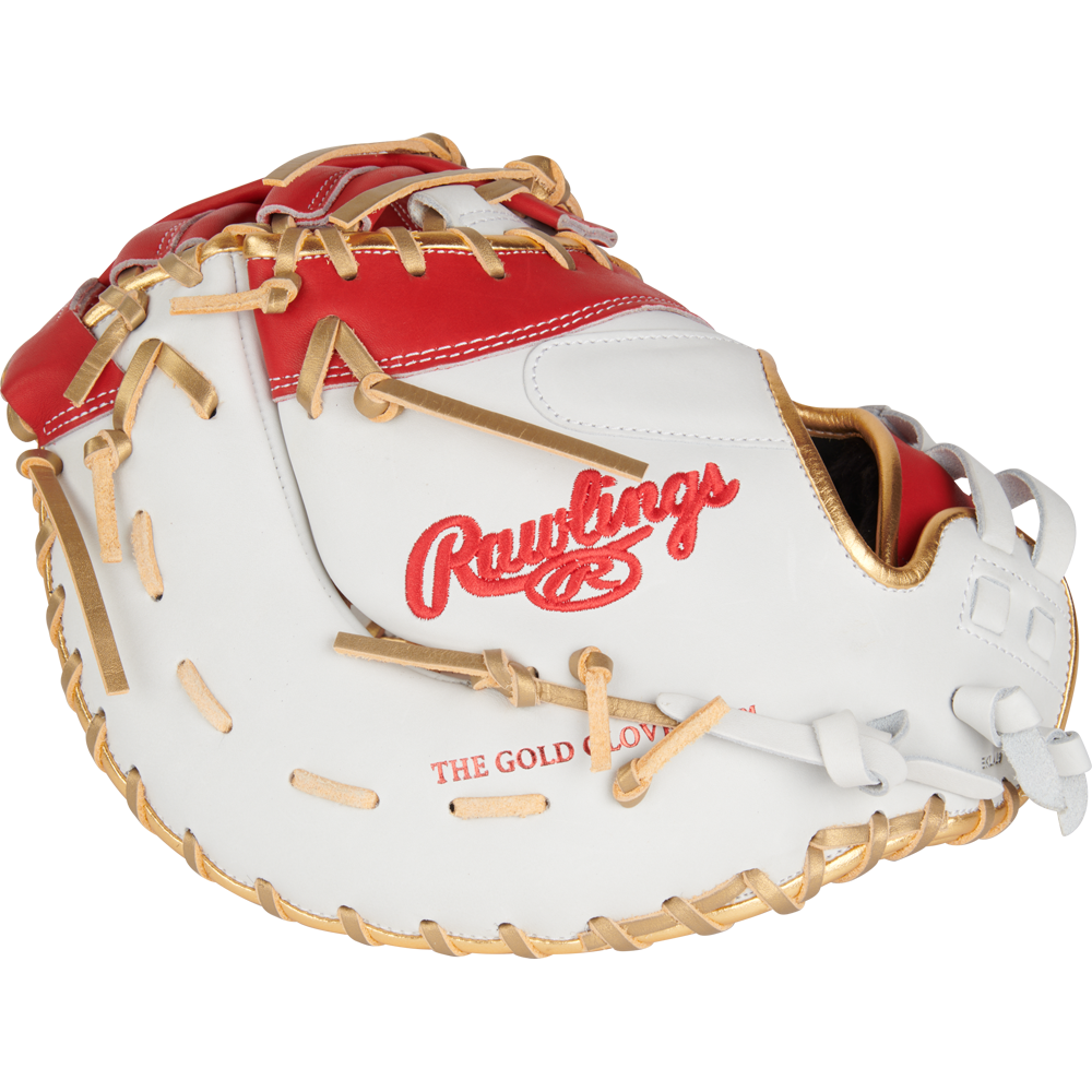The Rawlings Liberty Advanced Color Sync 13" Fastpitch First Base Mitt (RLADCTSBWSG) features a stylish white and red design with tan laces, the Rawlings logo, and "THE GOLD GLOVE CO." embossed on the side—perfect for first basemen.