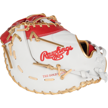 The Rawlings Liberty Advanced Color Sync 13" Fastpitch First Base Mitt (RLADCTSBWSG) features a stylish white and red design with tan laces, the Rawlings logo, and "THE GOLD GLOVE CO." embossed on the side—perfect for first basemen.