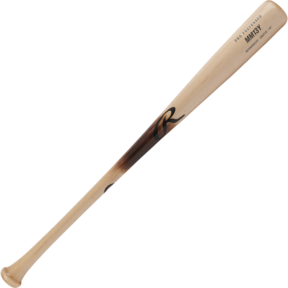 The Rawlings Pro Preferred Youth Maple Wood Baseball Bat (RPPMMM13Y) features a light maple finish, slightly tapered barrel, flared handle, dark logo, and MM13 pattern text on the barrel near the knob.