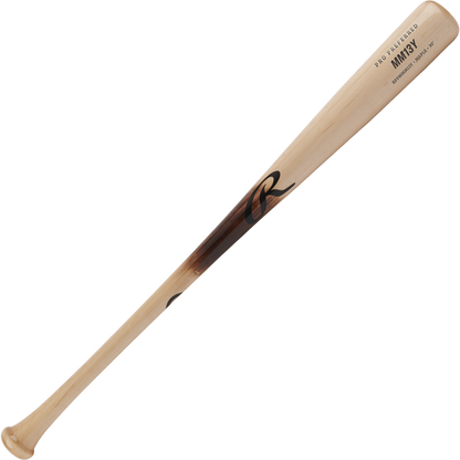 The Rawlings Pro Preferred Youth Maple Wood Baseball Bat (RPPMMM13Y) features a light maple finish, slightly tapered barrel, flared handle, dark logo, and MM13 pattern text on the barrel near the knob.