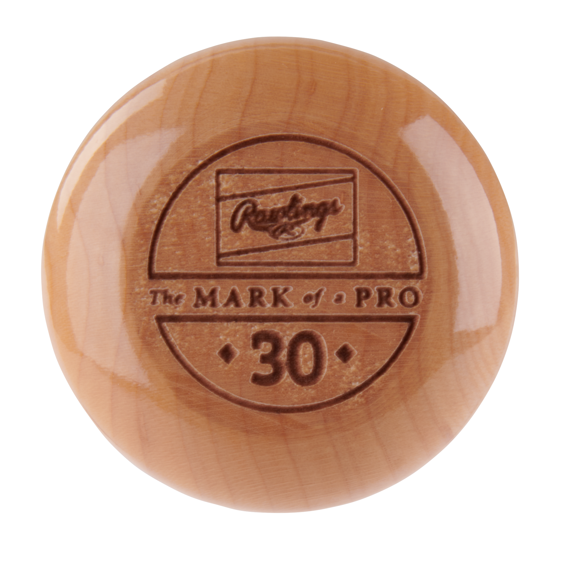 A round wooden end cap for the Rawlings Pro Preferred Youth Maple Wood Baseball Bat (RPPMMM13Y) engraved with "Rawlings," "The MARK of a PRO," and the number 30 inside a circle.
