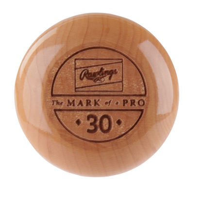 A round wooden end cap for the Rawlings Pro Preferred Youth Maple Wood Baseball Bat (RPPMMM13Y) engraved with "Rawlings," "The MARK of a PRO," and the number 30 inside a circle.
