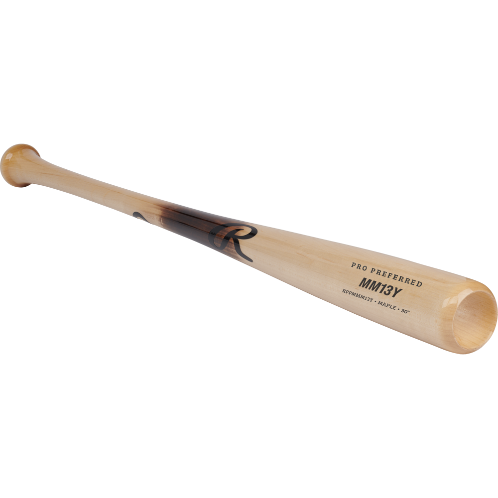The Rawlings Pro Preferred Youth Maple Wood Baseball Bat (RPPMMM13Y) is a light-colored maple bat with black branding, tapered barrel, flared knob, and MM13 pattern, shown angled on a white background.
