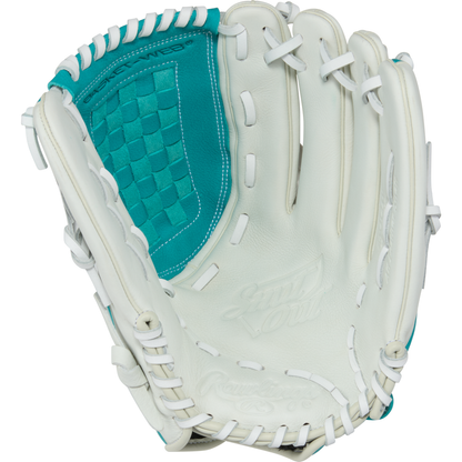 The Rawlings Shut Out 12.5" Fastpitch Glove (RSO125W) features a white design with teal accents, including a teal thumb patch and woven webbing, plus white laces and embossed branding—ideal for Rawlings fastpitch glove fans.