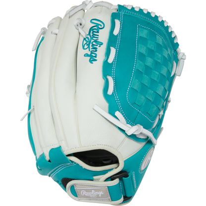 A close-up of the Rawlings Shut Out 12.5" Fastpitch Glove (RSO125W).