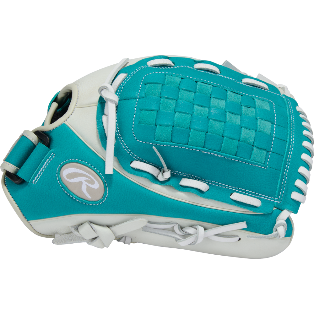 The Rawlings Shut Out 12.5" Fastpitch Glove (RSO125W) is shown closed on a white background, featuring teal and white colors, a woven pocket, white laces, and the Rawlings logo on the side.