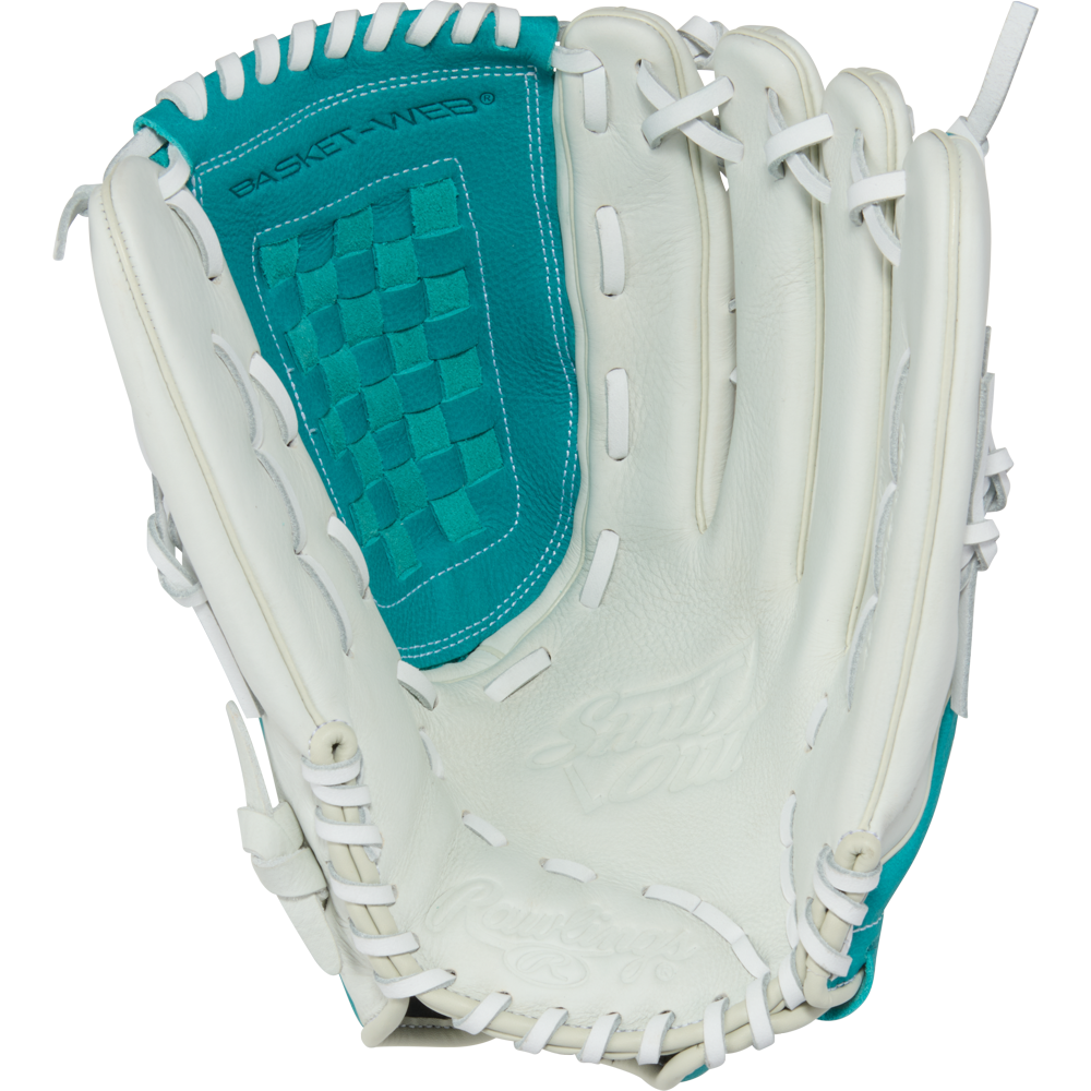 A Rawlings Shut Out 13" Fastpitch Glove (RSO130W) in white and teal with a basket web pattern and white laces, shown palm up. The Rawlings logo and Basket-Web text are visible on the glove.
