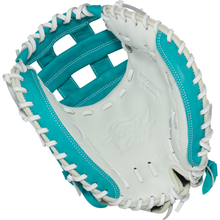 A Rawlings Shut Out 31.5" fastpitch catcher's mitt (RSOCM315W) in white and teal, featuring white laces and the Rawlings brand embossed on the palm.