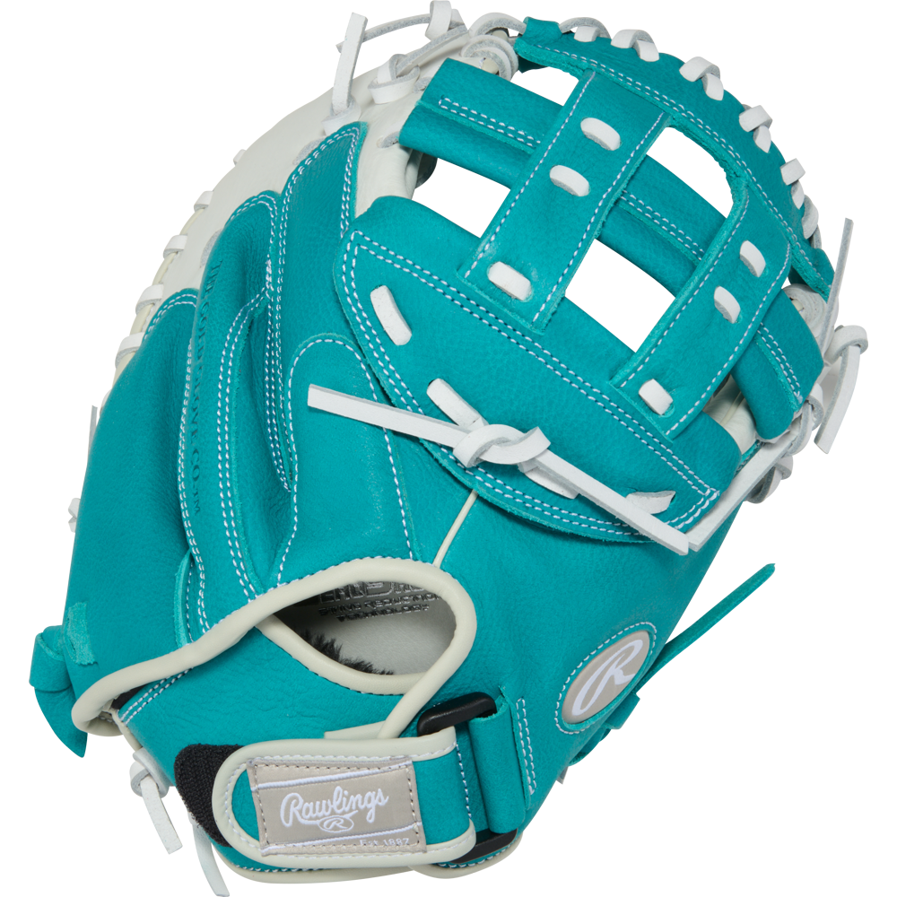 A Rawlings Shut Out 31.5" Fastpitch Catcher's Mitt (RSOCM315W) in teal with white lacing, stitching, and a logo patch on the wrist strap, featuring an open web and partially visible palm.