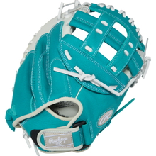 A Rawlings Shut Out 31.5" Fastpitch Catcher's Mitt (RSOCM315W) in teal with white lacing, stitching, and a logo patch on the wrist strap, featuring an open web and partially visible palm.