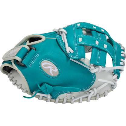 The Rawlings Shut Out 31.5" Fastpitch Catcher's Mitt (RSOCM315W) features a teal and white design with white lacing and a gray-and-white Rawlings logo.