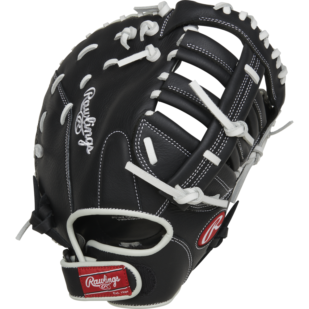 The Rawlings Shut Out 12" Fastpitch First Base Mitt (RRSOFBM12) is a black glove with white stitching and laces, open web, red accents, and Rawlings logos on the thumb and wrist strap.