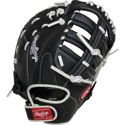 The Rawlings Shut Out 12" Fastpitch First Base Mitt (RRSOFBM12) is a black glove with white stitching and laces, open web, red accents, and Rawlings logos on the thumb and wrist strap.